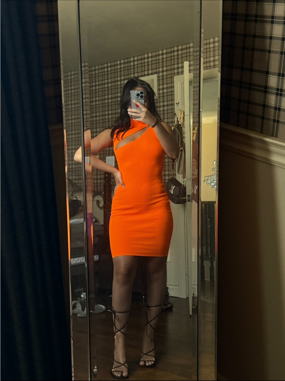 Curve-Hugging One-Shoulder Orange Cutout Dress